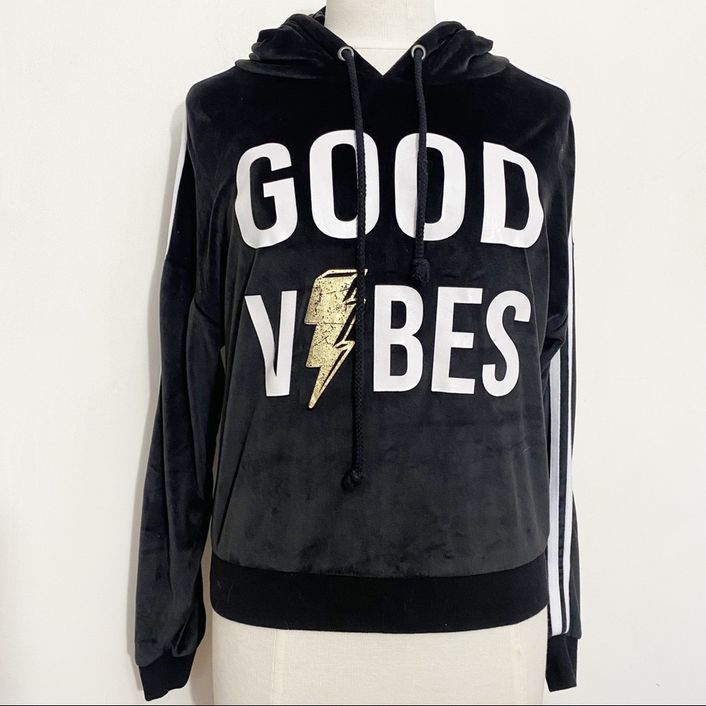NO BOUNDARIES hooded velour rib trim “good vibes” sweatshirt top M jr.